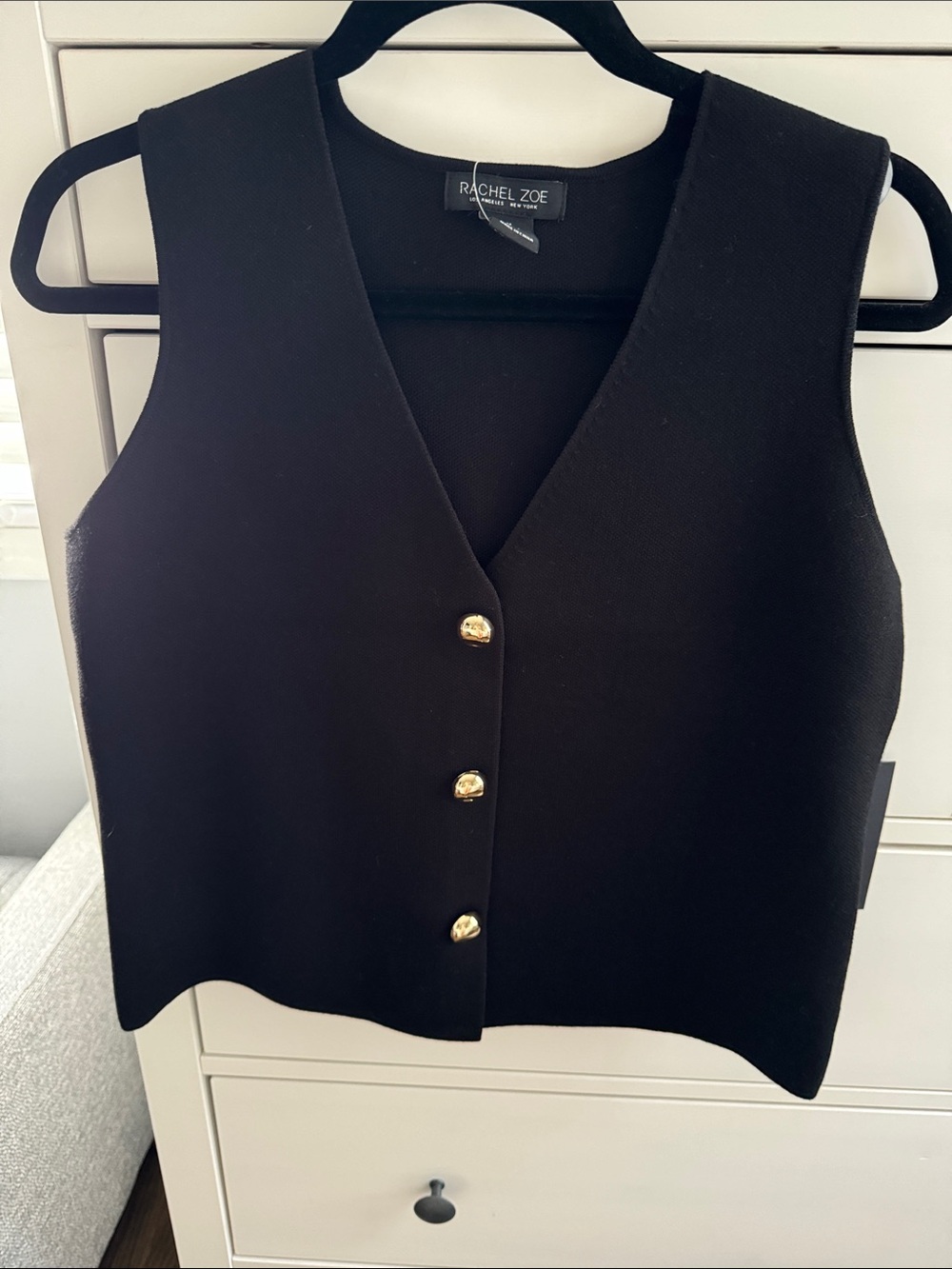 Rachel Zoe Black Sleeveless V-Neck Knit Vest with Gold Buttons